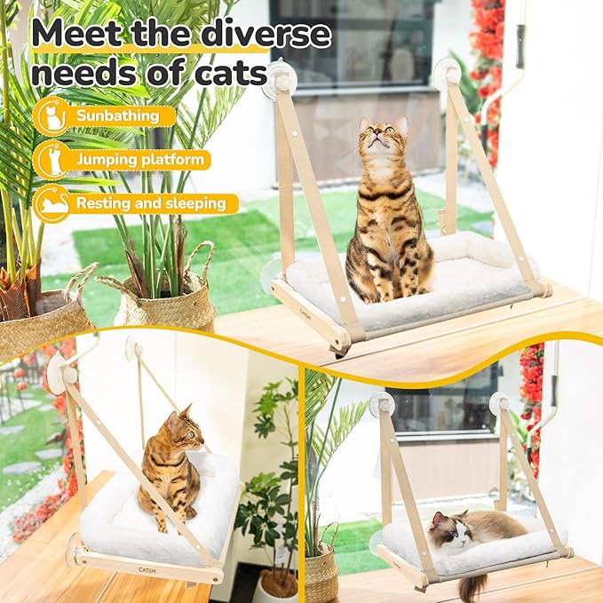CATISM Cushion Cat Window Perch - Hammock - Window - Seat - Home - Cat Bed for Small to Medium Indoor Cats, Wooden, Machine Washable Cover, Foldable (Khaki, Cushion Bed Cover)