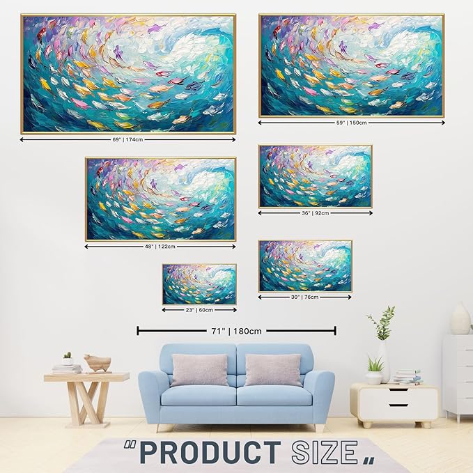 Fish Canvas Wall Art, Abstract School of Fish Canvas Wall Art, Ocean Picture Print, Sea Life Print Decor, Nautical Painting, Living Room, Bedroom, Bathroom Decor (Black Framed, 36"x20" | 92x52cm)