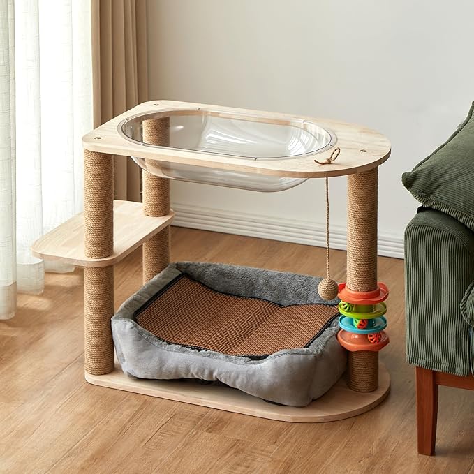 2 Tier Cat Tower,21.85 in cat Perch Wood cat condo with Hammock and Sisal Rope Scratcher Post Hanging Toy Balls for Indoor Large Cats Kittens (Grey)