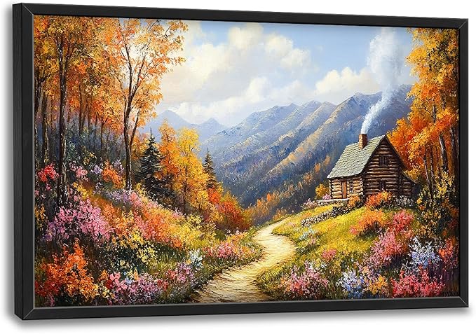 Framed Large Autumn Mountain Wall Art for Living Room, Oversized Wildflower Tree Wall Decor Nature Landscape Canvas Painting Modern Artwork Home Decoration for Living Room Bedroom 36"x24"