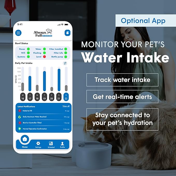 Always Full® 9" Pet Water Bowl and Bottle Pump Bundle, Self-Refilling, Clean Filtered Water, App-Enabled Hydration Monitoring, Easy Upgrade to Wall Unit, Cat and Dog Water Bowls