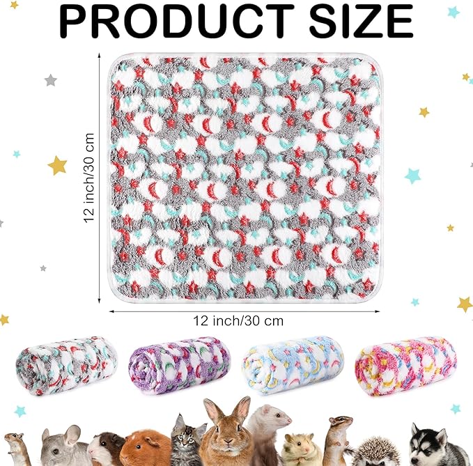 4 Pcs Waterproof Guinea Pig Blankets Washable Small Animal Fleece Bedding Absorbent Guinea Pig Cage Liners Reusable Pet Pee Pad Sleep Mat Pad Cover for Hamster Ferret (Moon Star Pattern,12 x 12 Inch)
