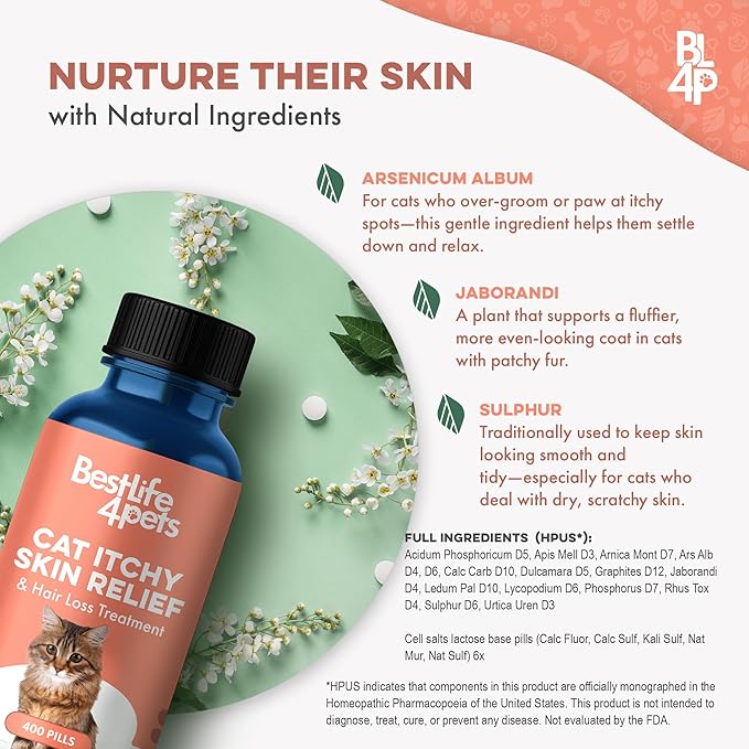 Cat Itchy Skin Relief & Hair Loss Treatment, Holistic Allergy Relief for Cats Calms Dry Skin, Dandruff & Reduces Licking, Scratching, Patchy, Matted and Shedding Fur, 400 Easy to Use Pills