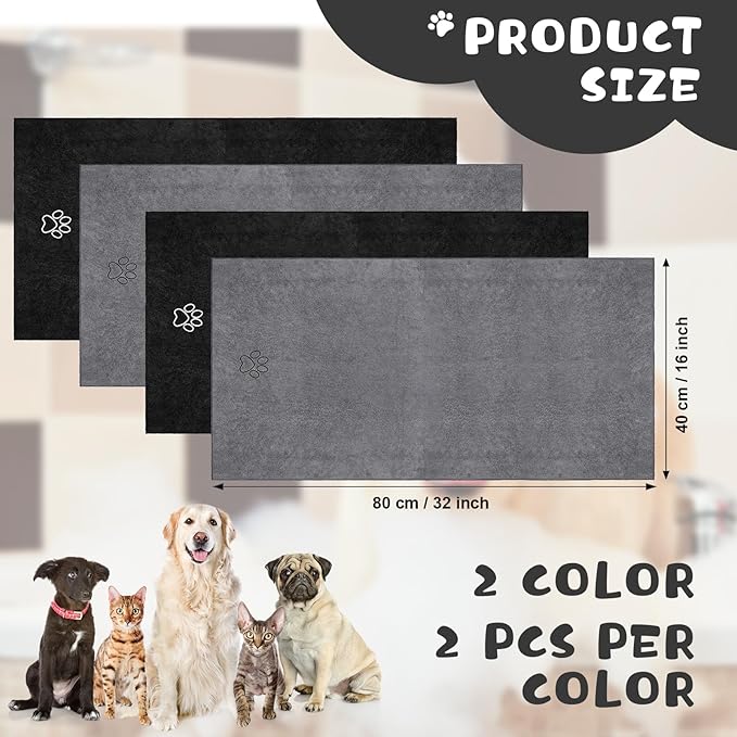 Chumia 4 Pack Dog Towels for Drying Large Microfiber Grooming Tools Absorbent Soft Bath Supplies with Embroidered Paw for Small Medium Pet Products(16 x 32 Inch,Gray, Black)