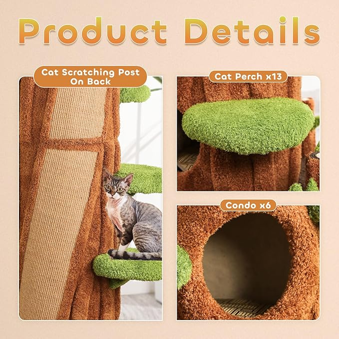 90.5'' Luxury Cat Tree with Scratching Pad, Wooden Cat Tower for Indoor Cats, Large Climber Tower, Tall Kitty Furniture, Multi-Level Condo for Multi-Cat Families