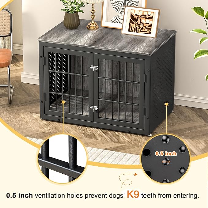 38" Heavy Duty Dog Crate Furniture for Large and Medium Dogs,Wooden Metal Kennel for High Anxiety Dogs, Chew Proof Cage Indoor, Decorative Kennel End Table