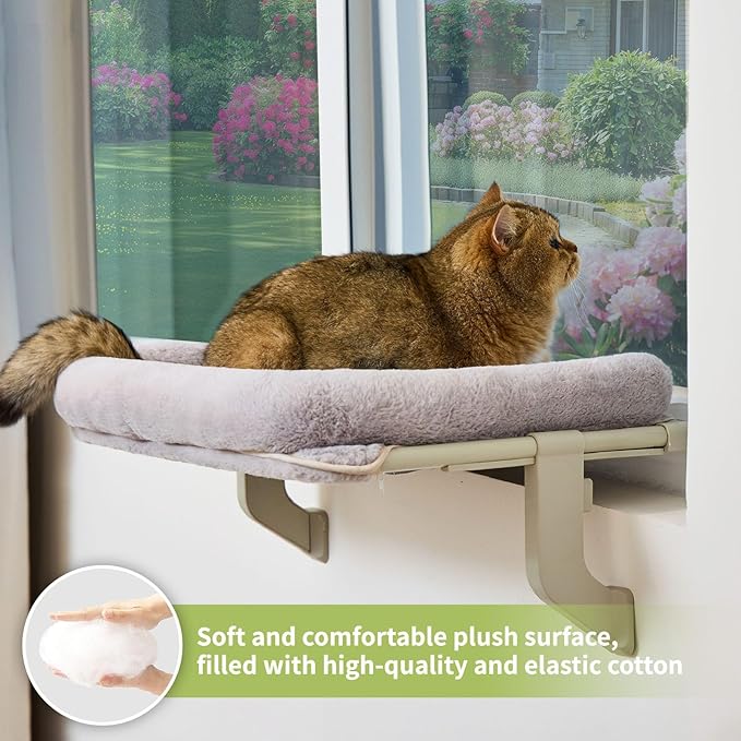 Cat Window Perch, Adjustable Cat Hammock for Large Cats, Mounts on Window Sills, Bedside, or Glass, Easy Installation and Removal, Washable Cushion Cover (20.5" W×15.7" L, Gray)