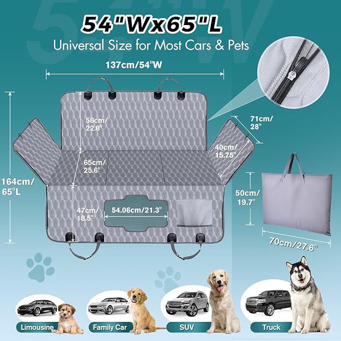Back Seat Extender for Dogs-Supports 400lb,Waterproof Dog Car Seat Cover Hard Bottom-Detachable,600D Heavy Duty Scratch Proof Nonslip Soft,Dog Hammock for Car,SUVs-Grey