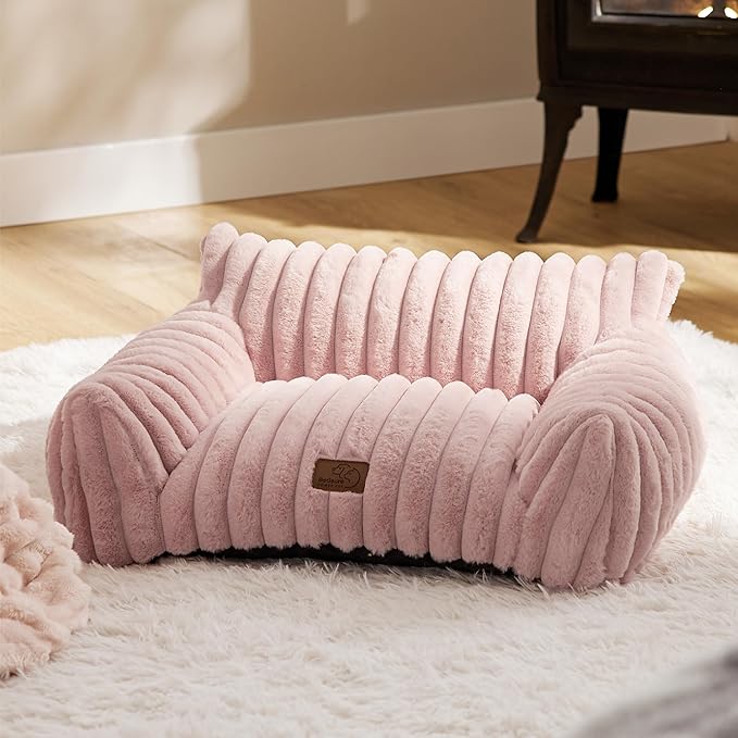 Bedsure Cute Cat Couch for Pets - Fluffy Cat Sofa with Premium Soft Corduroy Fleece, Fuzzy Pet Couch Bed with Removable Washable Cover, Supportive Chair for Indoor Cats, 24inch, Blush Pink