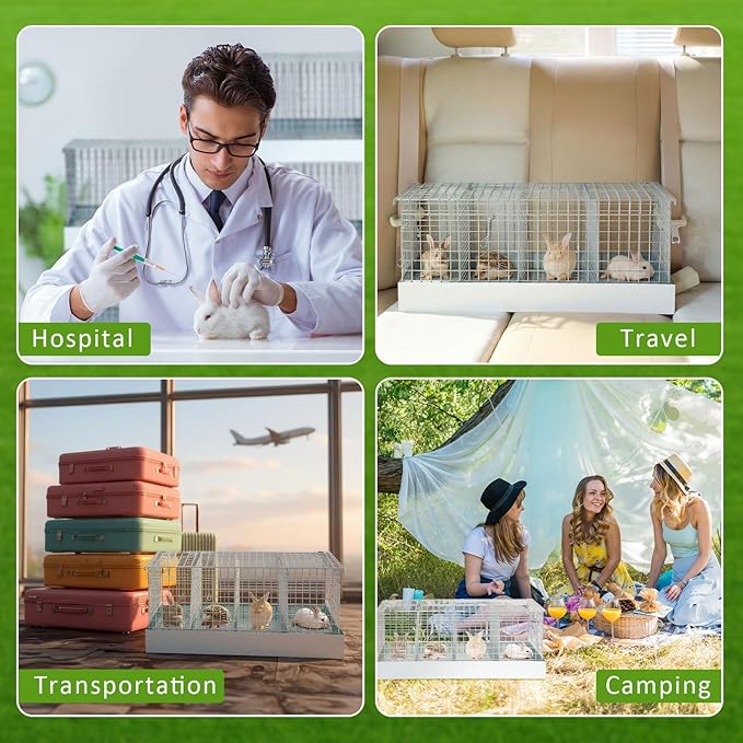 Folding Rabbit Cage, 28 x 16 x 12 in Portable Bunny Carrier with Tray and Handles for Transport, Travel or Temporary Housing, Indoor Outdoor Pet Habitat Animal Enclosure