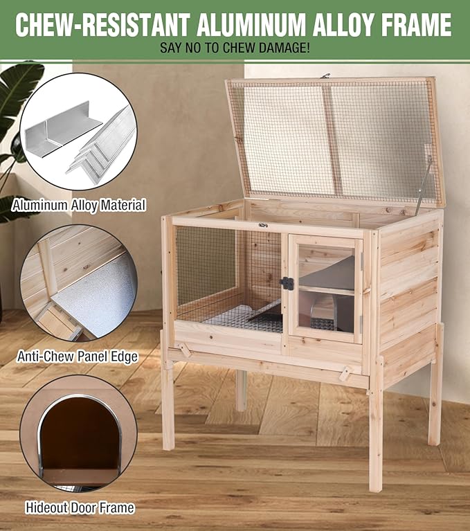 GUTINNEEN Guinea Pig Cage Rabbit Cage Indoor with Chew-Proof Edges, Clean Deep Tray, Leakproof PVC Layer, Small Animals Cage with Adjustable Legs - Natural Wood Color