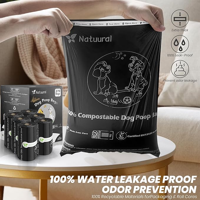 Certified Compostable Dog Poop Bags-270 Bags 18Rolls, Poop Bags for Dogs Made of Cornstarch - ASTM D6400 By USA, Leakproof Easy Open, Unscented Dog Waste Bags (Black)