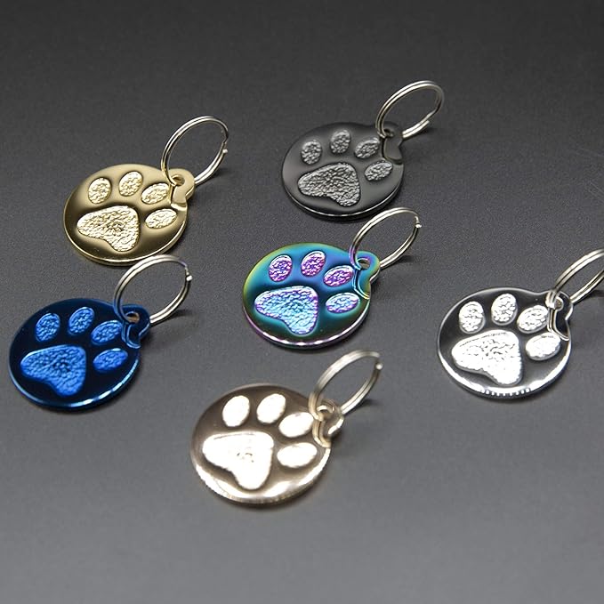 Engraved Pet Tag for Dogs and Cats - Personalized Front & Back up to 4 Lines of Text Custom Engraved ID, Round Paw Print Solid Plating Stainless Steel Black Small