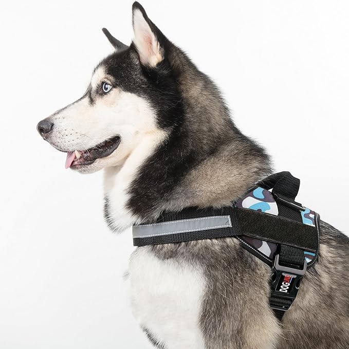 Dogline Dog Harness, Reflective No-Pull Adjustable Vest with Handle for Walking, Training, Breathable, No - Choke Harness for Small, Medium or Large Dogs Room for Patches Girth 27 to 34 in Blue Camo