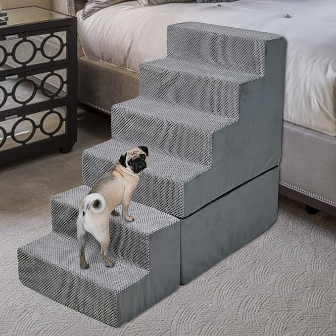 Dog Steps for High Beds 30-32" H - 6-Step Dog Stairs for Small Dogs, 33D Foam Pet Steps for High Bed with Non-Slip Bottom and Washable Cover, Dogs Ramp for Bed Indoor, Grey