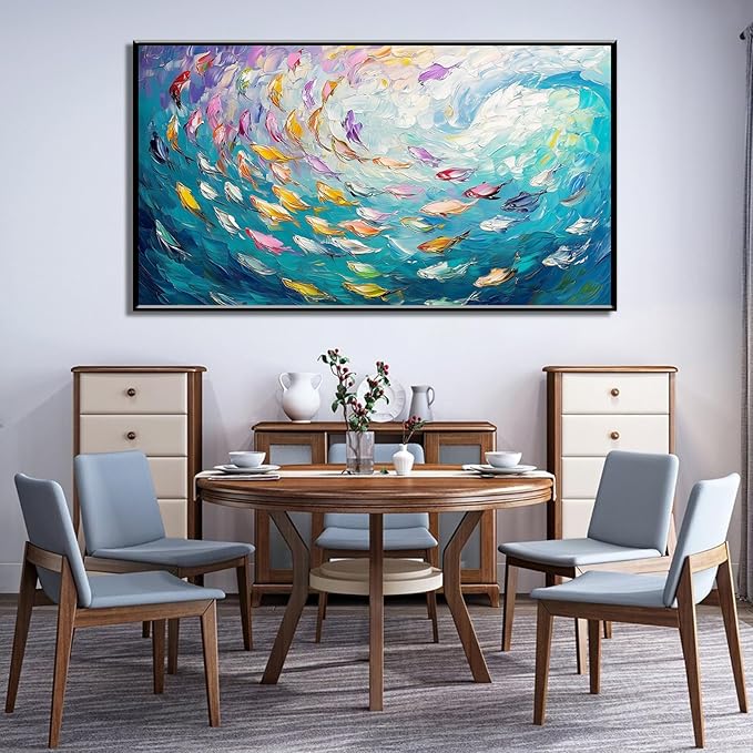 Fish Canvas Wall Art, Abstract School of Fish Canvas Wall Art, Ocean Picture Print, Sea Life Print Decor, Nautical Painting, Living Room, Bedroom, Bathroom Decor (Gold Framed, 23"x13" | 60x35cm)