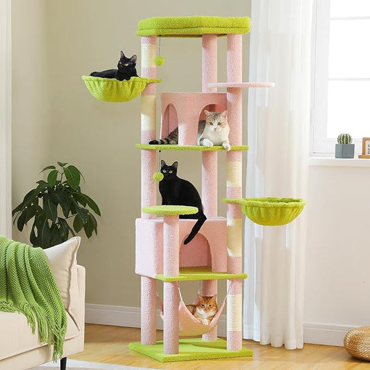 71.2" Large Cat Tree for Multi-Cat Households - Heavy-Duty 9-Level Cat Tower w/5 Sisal Scratching Posts, 2 Condos, 3 Hammocks, Extra-Large Perch & Pompoms - Space-Saving, Pink