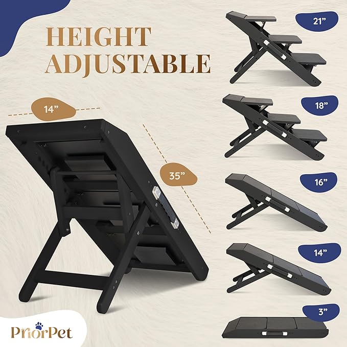 Dog Steps for Bed & Couch 2-in-1 Dog Stairs/Ramp - Height Adjustable Dog Ramp for Couch 7” - 20” - Pet Stairs, Dog Stairs for Small Dogs - Easy to Move Pet Steps with Landing Platform, Black