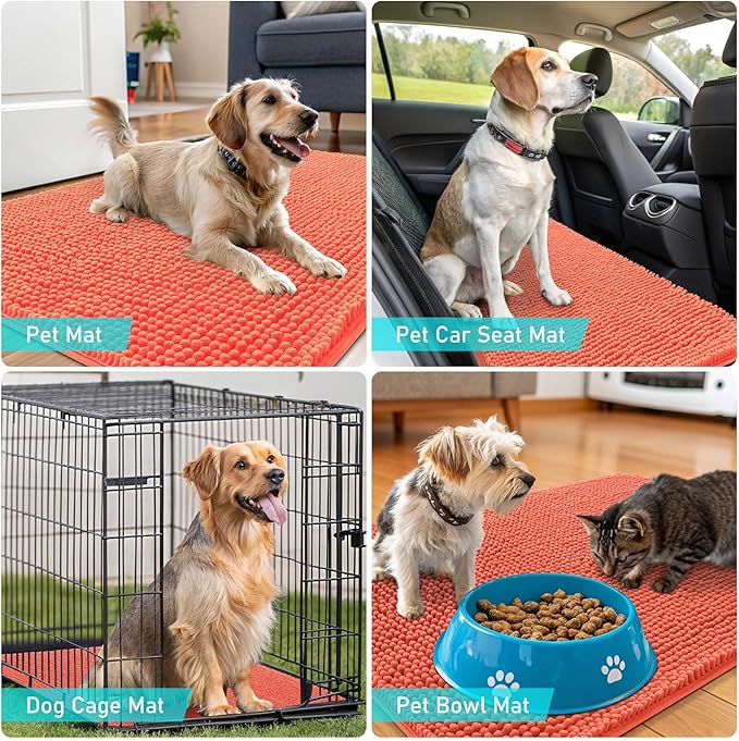 OLANLY Dog Door Mat for Muddy Paws 40x32, Absorbs Moisture and Dirt, Absorbent Non-Slip Washable Doormat, Quick Dry Chenille Mud Mat for Dogs, Entry Indoor Entryway Carpet for Inside Floor, Coral
