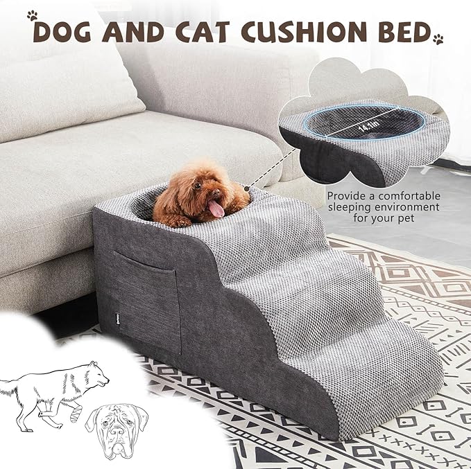 Dog Stairs, Dog Stairs for Small Dogs, 3-Step Pet Stairs, Dog Steps for Bed, Dog ramp, pet Stairs for high beds, Old Dog pet Steps, Non-Slip Pet Step Indoor, Grey