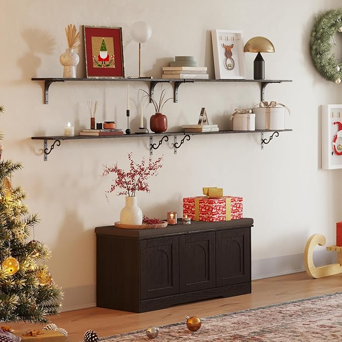 DINZI LVJ Shoe Bench, Entryway Storage Bench with Doors, Cushion, 2-Tier Shoe Rack with 6-Cubby, 39.4”L x 13.8”W Shoe Organizer Cabinet, Adjustable Shelf, Living Room, Bedroom, Espresso