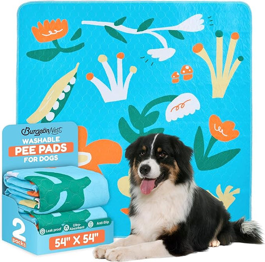 BurgeonNest Washable Pee Pads for Dogs, 2 Pack 54''x54'' Super Absorbent, Leakproof & Non-Slip Reusable Potty Pads for Puppy Playpen, Crate, Whelping Box, Potty Training, Blue