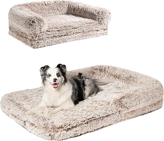 EHEYCIGA Foldable XXL Dog Bed, Faux Fur Fluffy Pet Couch Bed for Extra Large Dogs, Orthopedic Calming Memory Foam Pet Bed, Washable Soft Pet Sofa Bed with Non-Slip Bottom, Faded Brown, 54"x38"x7.5"