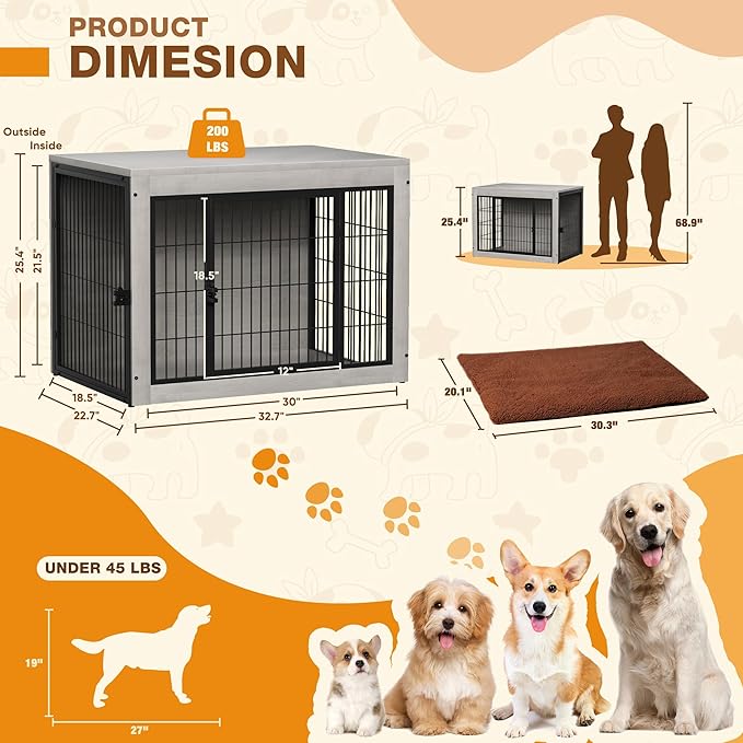 Bigrab Dog Crate Furinture with Thick Cushion, Side End Table Wooden Dog Cage with Double Doors, Chew-Resistant Dog Kennel Dog House Indoor for Small to Large Dog, M (Grey)