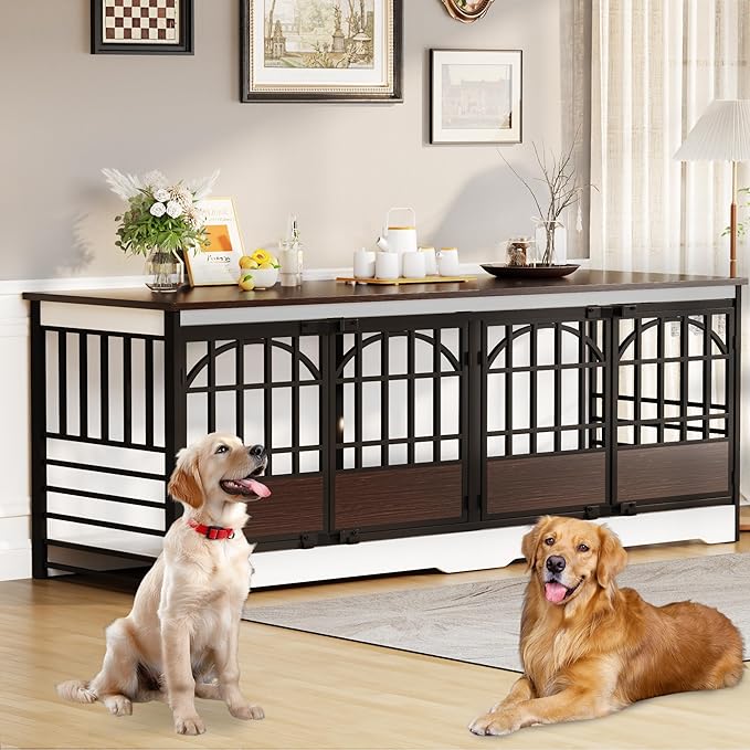 COZPAW 86 Inch Double Dog Crate Furniture for 2 Large Dogs, Decorative Dog Kennel Indoor TV Stand, Heavy Duty Wooden Dog Cage for Large Medium Dogs Sized Dog Pet House with Divider (White)