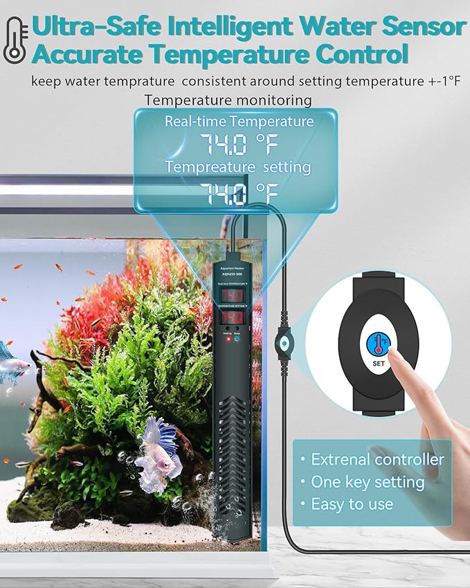 Aquarium Heater for 75 100 120 Gallon, 500W Submersible Fish Tank Water Heater with Accurate Temperature Control, Over-Temp Protect, Auto Shut-Off, Quick Heat up for Saltwater & Freshwater