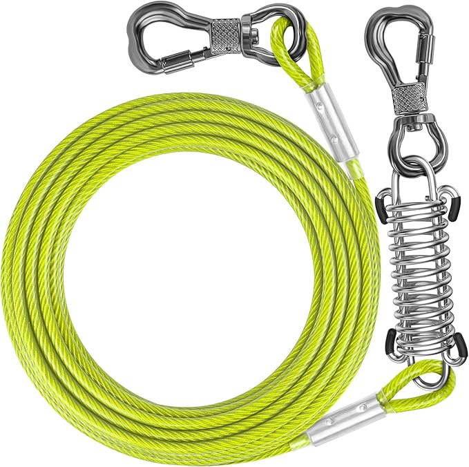Tresbro 20 FT Dog Tie Out Cable with Spring, Shock Absorbing Tether Chains for Outside Aavilable in 10/15/20/25/30/40/50/70/100/120 FT, Heavy Duty Leads for Yard for Medium & Large Dogs Up to 500 LBS