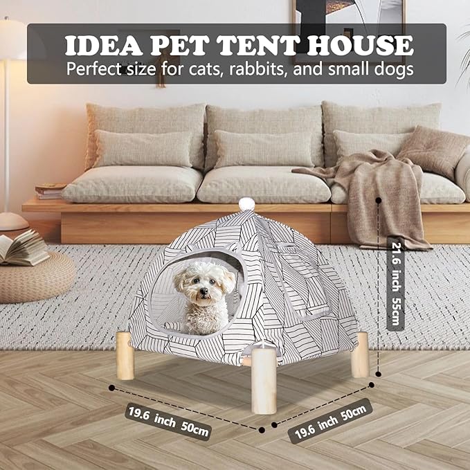 2-in-1 Elevated Cat Tent Cat House, Quick Assembly and Disassembly, Portable Indoor/Outdoor Cute Cat Bed Cave-White Diamond Pattern