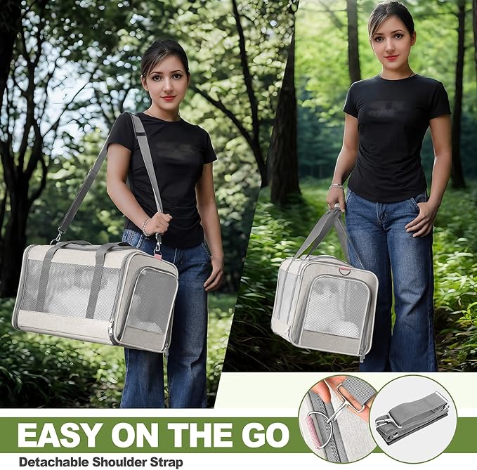 Cat Carrier American Airline Approved 18x11x11, Top Opening Sturdy Soft Pet Carrying Bag See Through, Mini Dog Hard Bottom Crate Kennel Case, 4-Side-Ventilation Mesh Cage Toy Poodle Biege