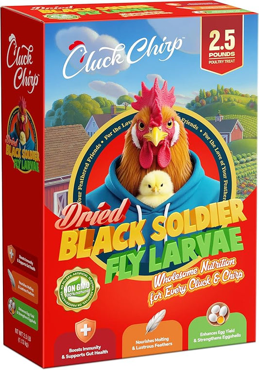 Dried Black Soldier Fly Larvae, Non-GMO, Natural Chicken Treats & High-Protein Poultry Snacks for Backyard Chickens, Laying Hens & Ducks, 2.5 lb Box