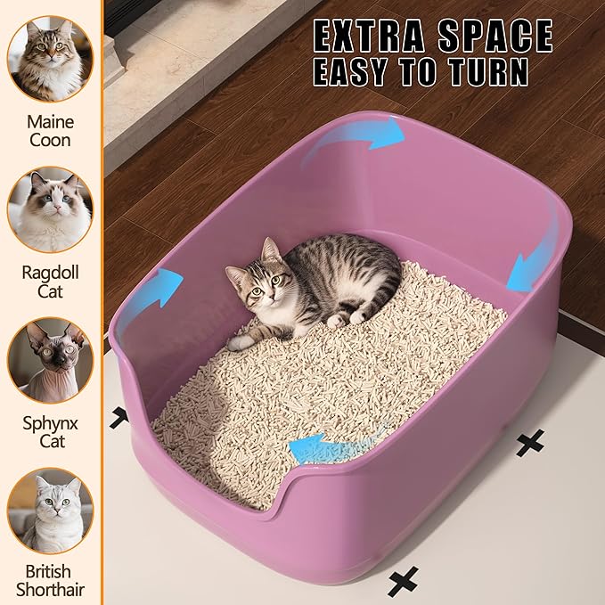 Gefryco Large Cat Litter Box with High Sided 24.6"x18.3"x12.2" - Jumbo Extra Large Open Anti - Splashing High Wall for Multiple Cats (Pink)
