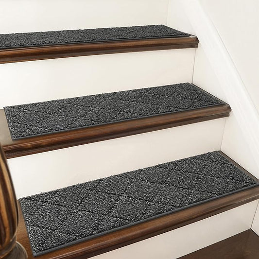 COSY HOMEER Edging Stair Treads Non-Slip Carpet Mat 28inX9in Indoor Stair Runners for Wooden Steps, Edging Stair Rugs for Kids and Dogs, 100% Polyester TPE Backing (15pc, Black)
