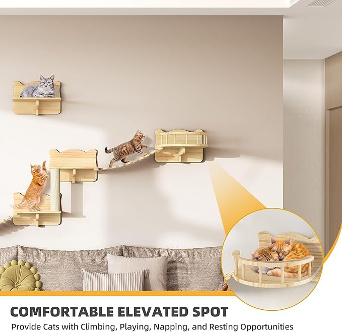 Cat Wall Shelves, Cat Wall Furniture Pine Wooden Feline Shelf, 9 Piece Shelves and Perches with Bed, House, Steps, Bridge Ladder and Scratching Post