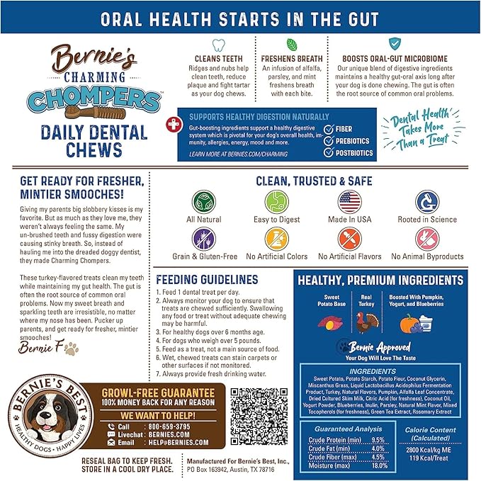 Bernie's Charming Chompers - Daily Dental Chews for Dogs 26-50 Lbs. - 36 Count - Cleans Teeth, Freshens Breath, + Boosts Oral-Gut Microbiome. Easy to Digest, Supports Healthy Digestion Naturally