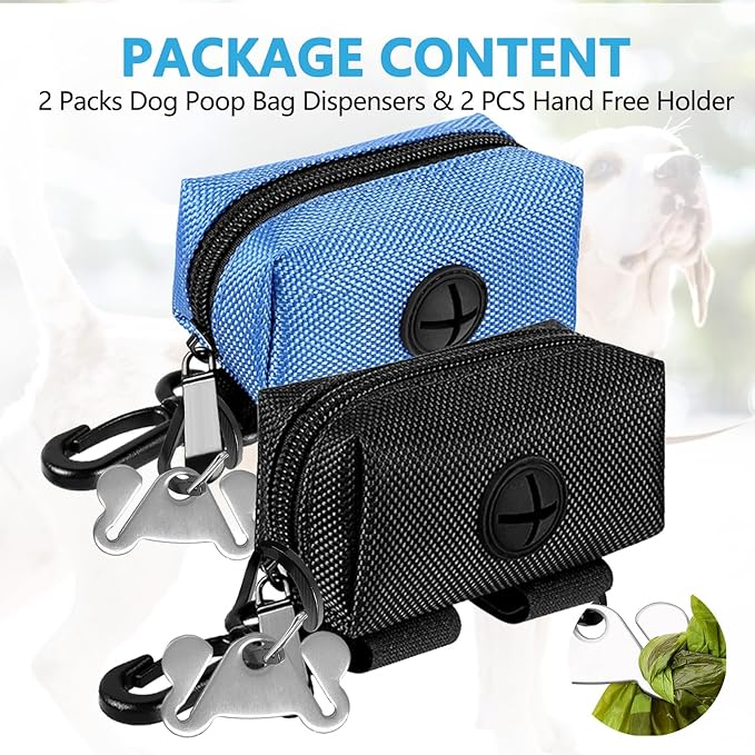 Dog Waste Bag Dispenser Pet Poop Bags Holder for Doggie Waste Bags Dispensers Soft Fabric Zipper Small Doggy Puppy Pouch for Leash Accessory Attachment with Carrier,2PCS Blue&Black