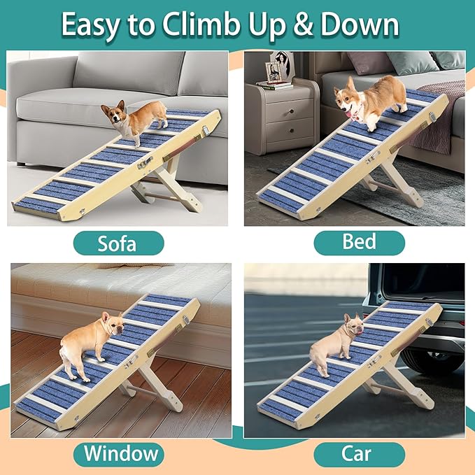 Dog Ramp for Bed, Upgraded 33" Long Portable Dog Ramp for Couch, Wood Folding Pet Ramp for All Breeds Small Old Dogs to Get on Bed, 4 Adjustable Heights 12.9" to 17.7"(Wood, Up to 50lbs)