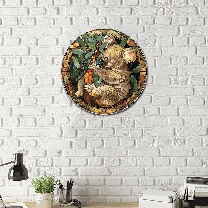Lygond Metal Sign Tin Sign Circular Stained Glass Koala Tin Signs Gardening for Pub 12×12 Inches