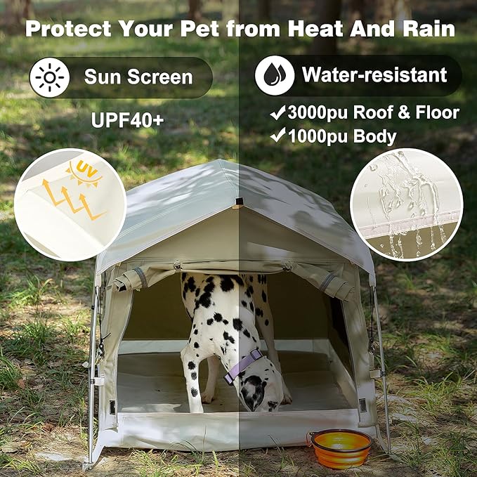 Dog Tent Cotton Fabric, Aluminum Poles and Camping Mat, Outdoor Weatherproof, Dog House Outdoor, Breathable with 2 Side Windows, Portable and Collapsible (Gray, Large)