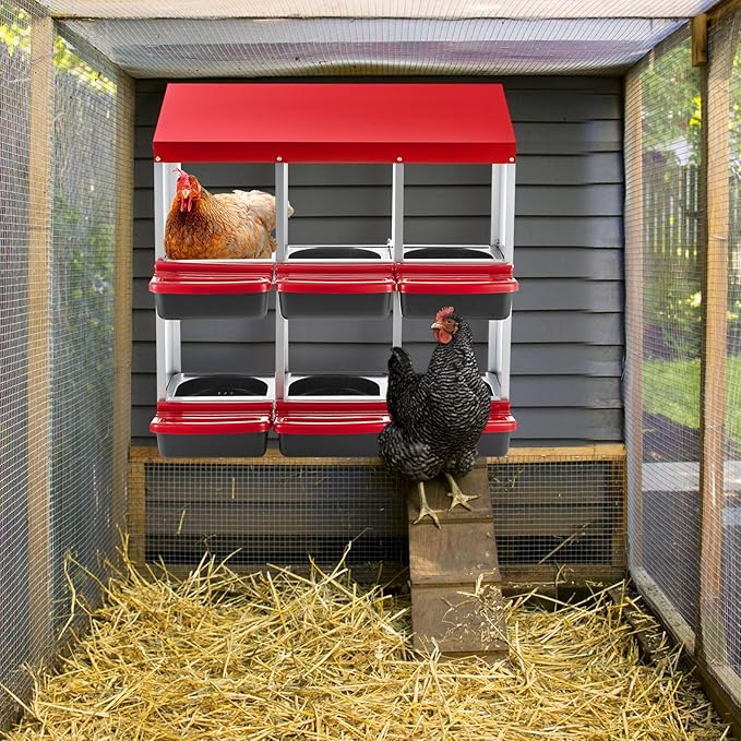 Chicken Nesting Box 2-Tier Galvanized Steel 6 Holes Nesting Boxes for Chickens Durable & Weather-Resistant Chicken Egg Laying Box Holds Up to 30 Hens with Removable Tray for Easy Cleaning