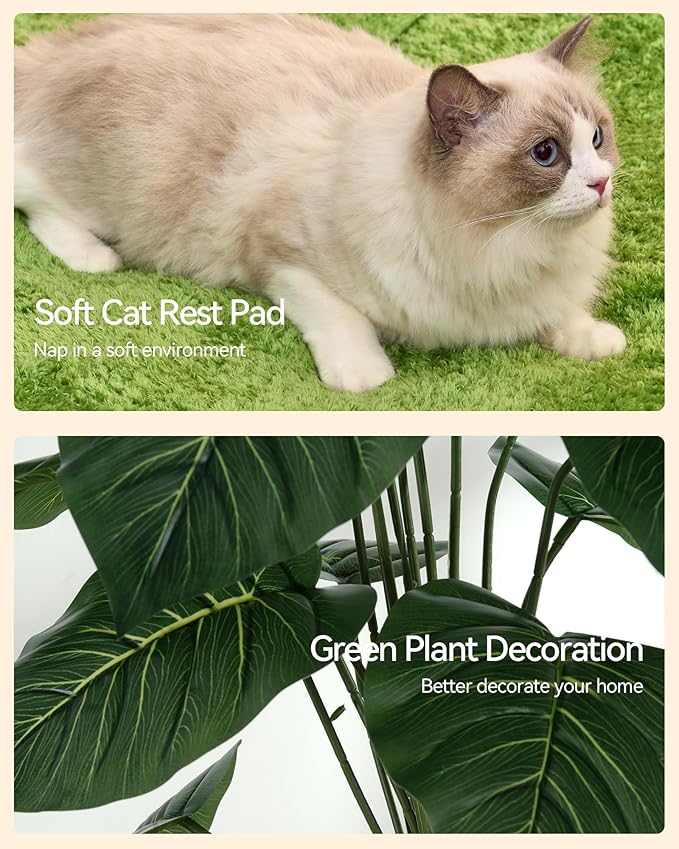 FourFurPets Large Cat Tree with Leaves, 72.8-Inch Cat Tower for Indoor Cats, Modern Cat Tree with Scratching Post, Large Perch, Tunnels, Swing Ball, Self Groomer, Greige