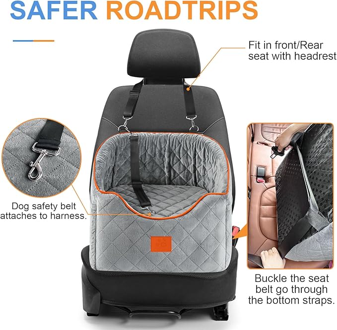 Dog Car Seat for Small Dogs, Memory Foam Booster Dog Seat for Dogs up to 35 lbs, Elevated Pet Car Seat with Washable Removable Cover, Storage Pockets (Gray)