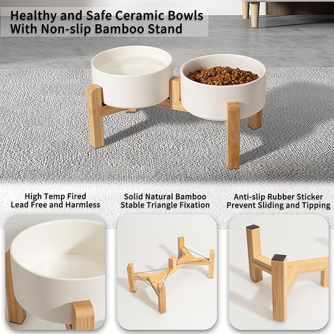 Elevated Ceramic Dog Bowl Set - Raised Dog Bowls with Non-Slip Bamboo Stand - Dog Food and Water Bowl Set - Double Dog Feeding Bowls - Suitable for Small and Medium Dogs - 28.74 OZ - 3.6 CUPS - 850 ML
