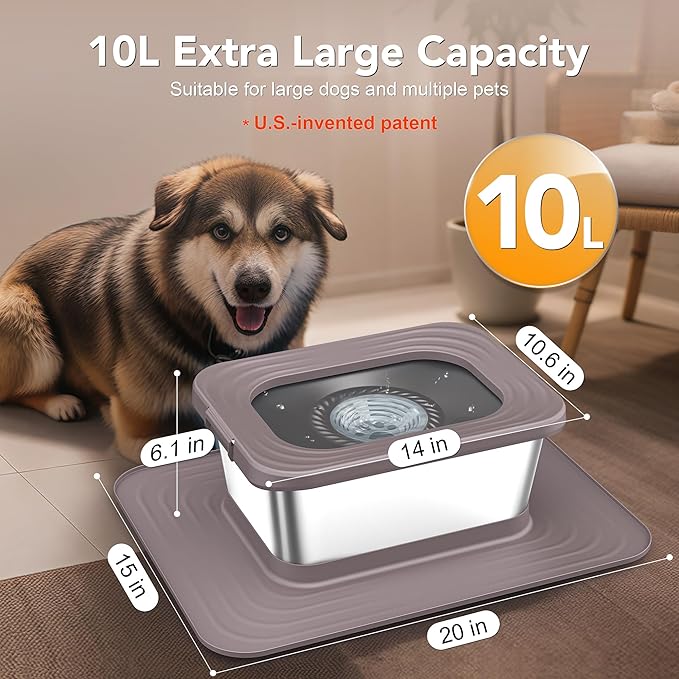 Decflow 10L Stainless Steel Dog Water Bowl, No Spill Anti-Splash Dog Bowls with XXL Silicone Mat, Spill-Proof Slow Feeder for Messy Drinkers, Heavy Duty Pet Bowls for Indoor/Outdoor Use