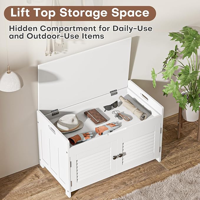 Shoe Storage Bench with Lift Top Storage, Entryway Bench with Cushioned Seat, Adjustable Shelf, 2 Tier Shoe Rack with Doors for Entryway, Bedroom, Hallway, Mudroom, White
