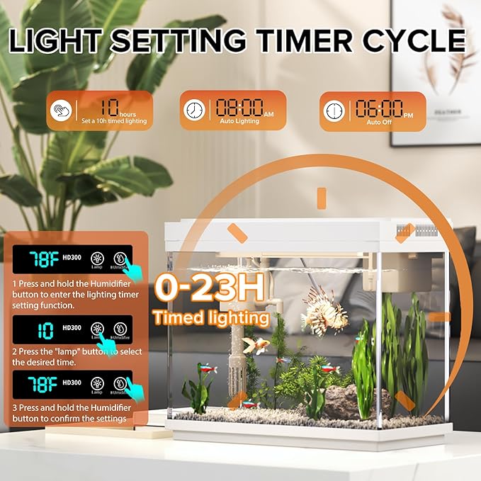Fish Tank 2.4 Gallon Aquarium Kit with Humidifier 7-Color Auto-Looping 3 in 1 Quiet Pump with Filteration & Oxygenation & Circulation, Temperature Display, HD Glass