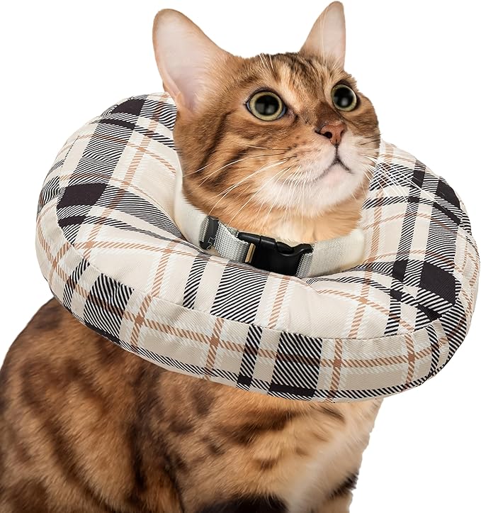 Cat Cone Collar Soft, Adjustable Plaid Elizabethan Cat Recovery Collar After Surgery to Prevent Licking & Scratching Wound, Fits Small Medium Large Cats, Puppy, Small Dogs
